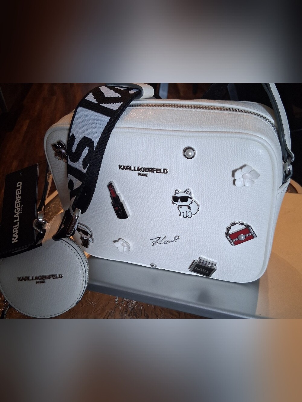 Karl Lagerfeld White Embellished Crossbody Purse